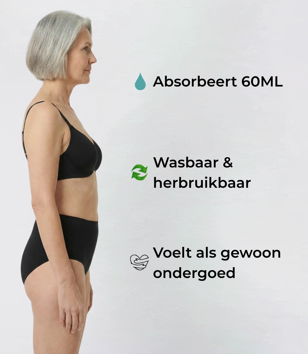 Incontinentie High Waist Naadloos in zwart, op model met tekstuele toelichting – Maysa
