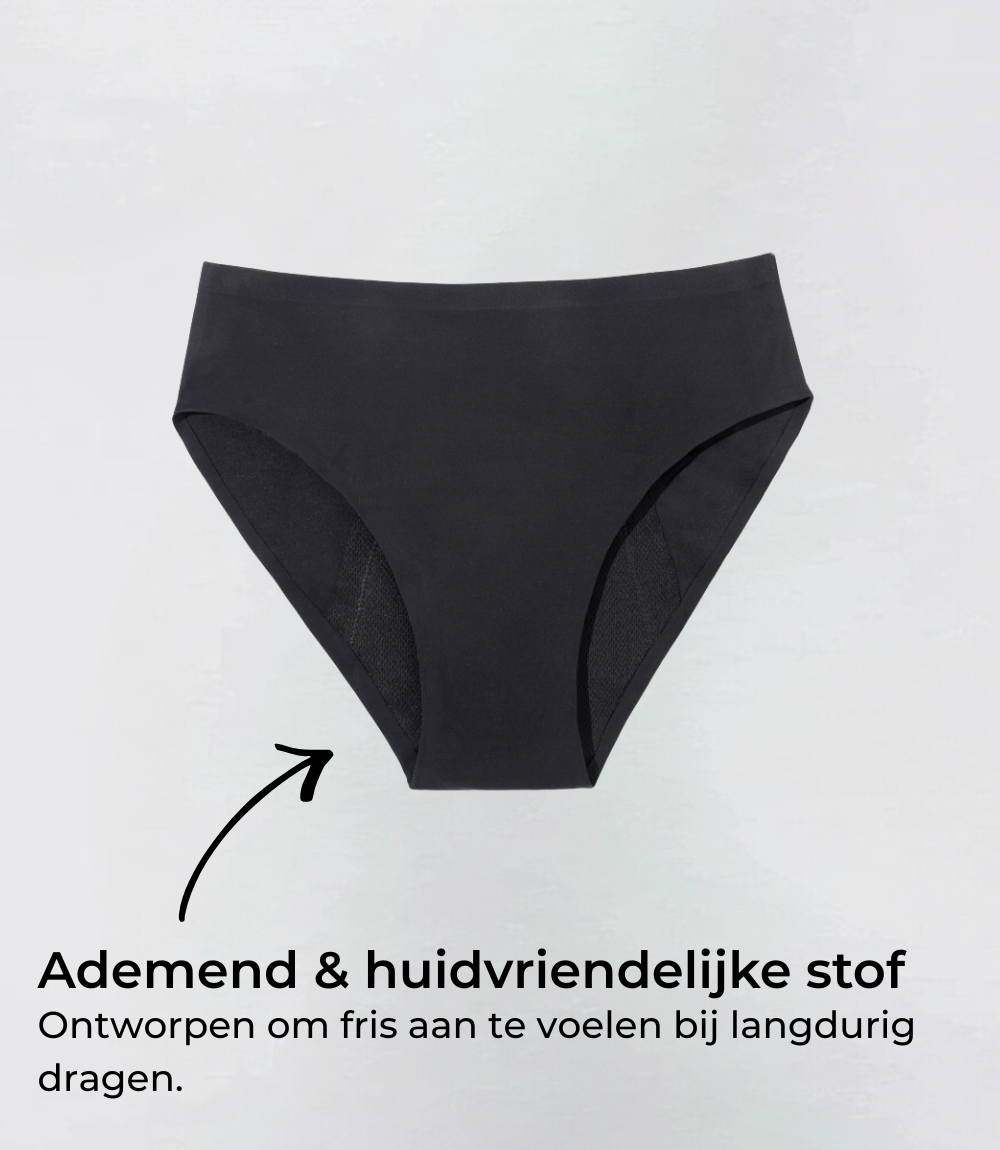 Incontinentie High Waist Naadloos in zwart, productfoto met tekstuele toelichting – Maysa