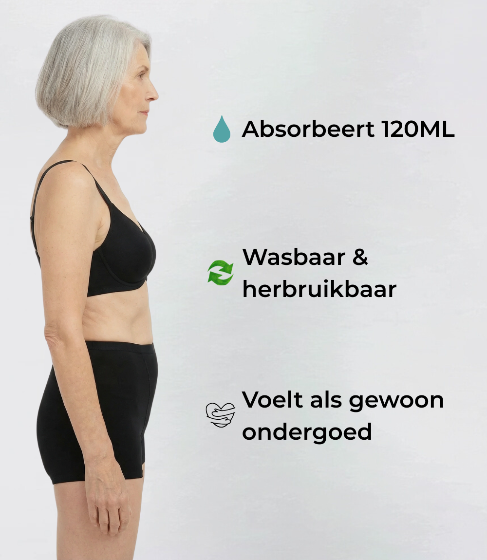 Incontinentie Boyshort Extra zwaar in zwart, op model met tekstuele toelichting – Maysa