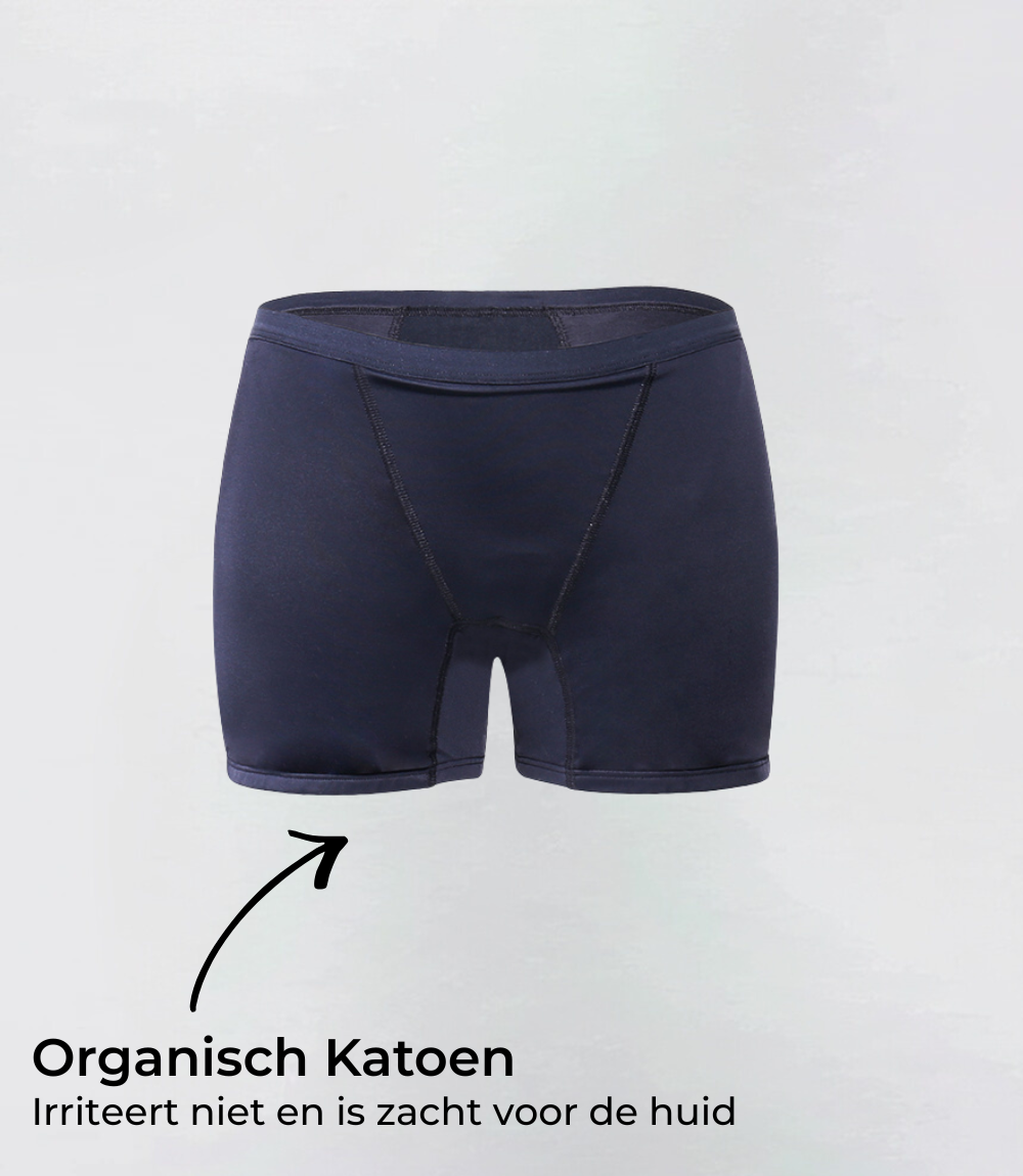 Incontinentie Boyshort Extra zwaar in donkerblauw, productfoto met tekstuele toelichting – Maysa