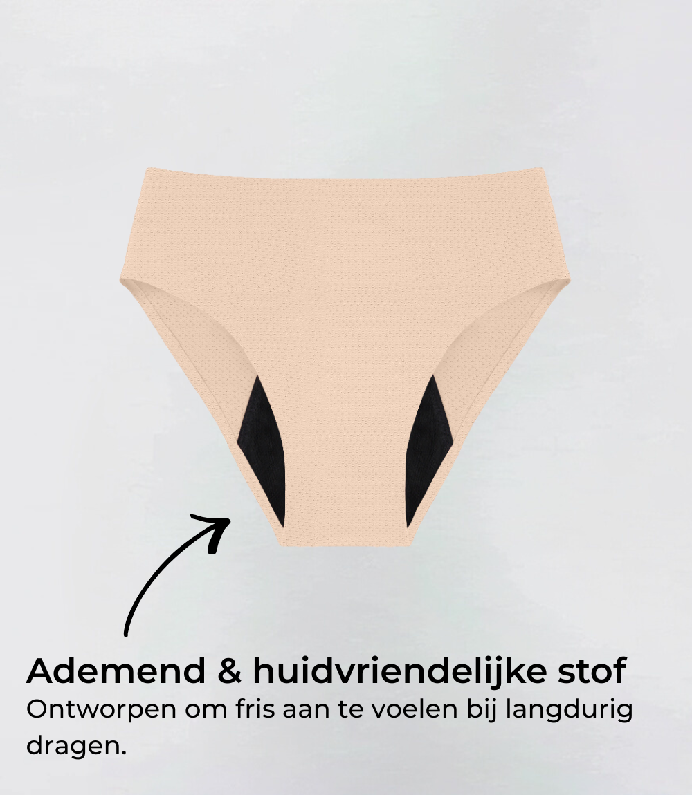 Incontinentie High Waist Naadloos in beige, productfoto met tekstuele toelichting – Maysa