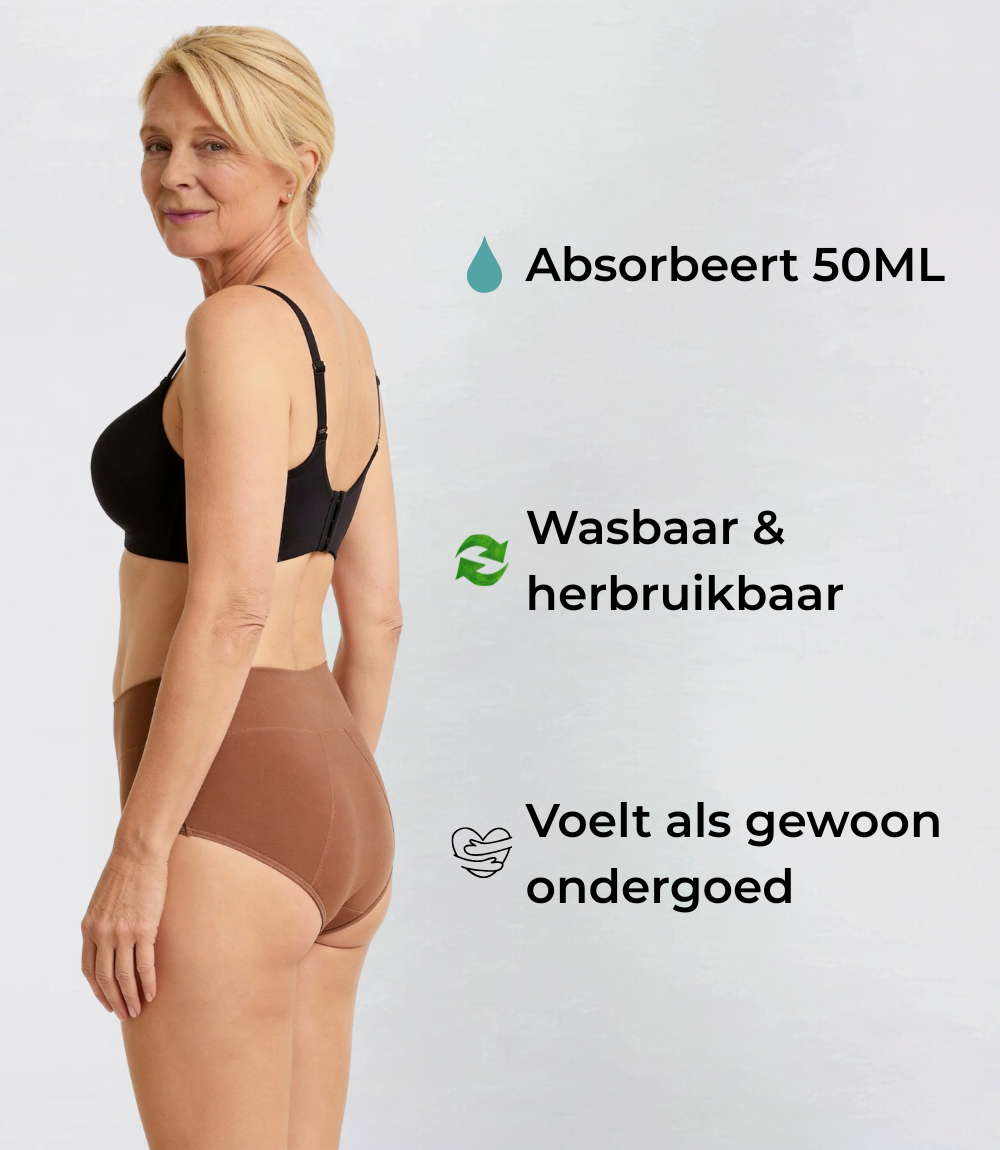 Hiphugger Incontinentie in bruin, op model met tekstuele toelichting – Maysa