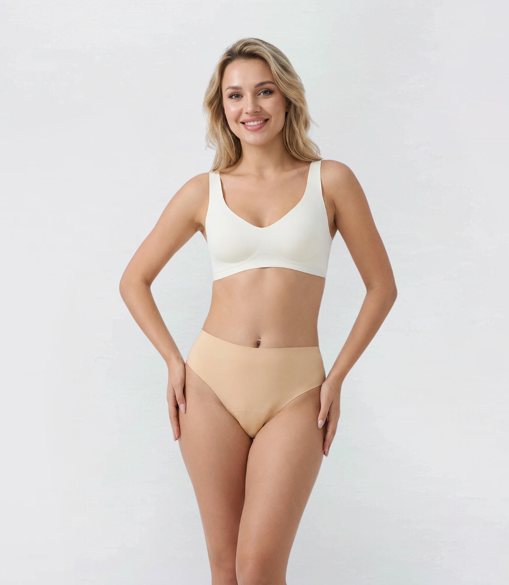 Brief bloem kant in beige, vooraanzicht op model – Maysa