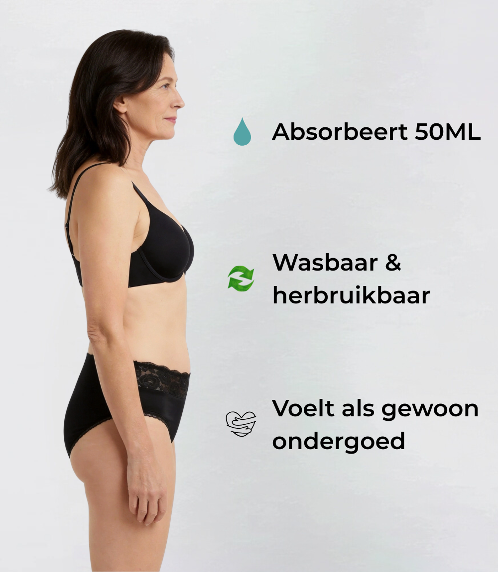 Everyday Klassiek met kant Organisch katoen in zwart, op model met tekstuele toelichting – Maysa