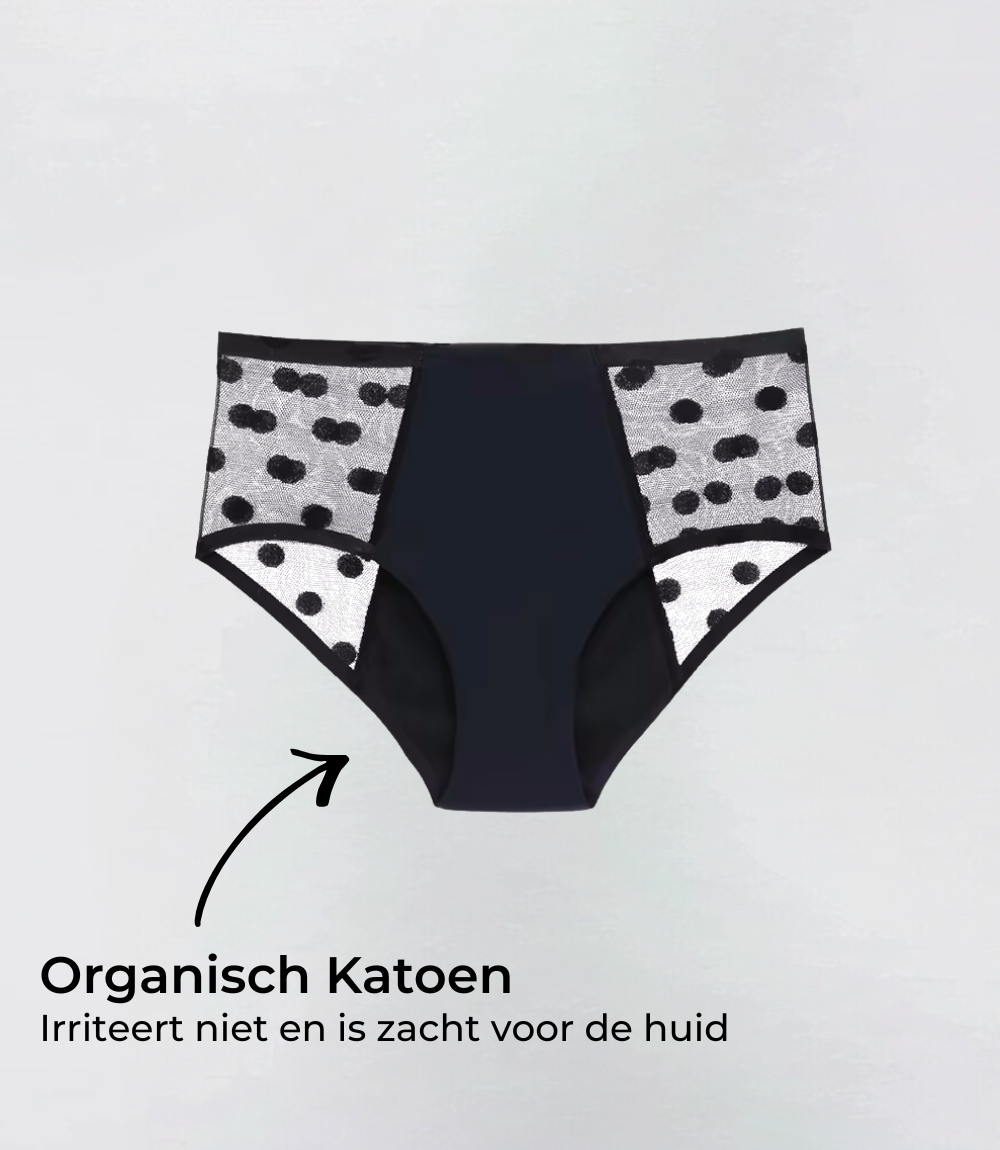 Incontinentie Hugger Organisch katoen in zwart, productfoto met tekstuele toelichting – Maysa