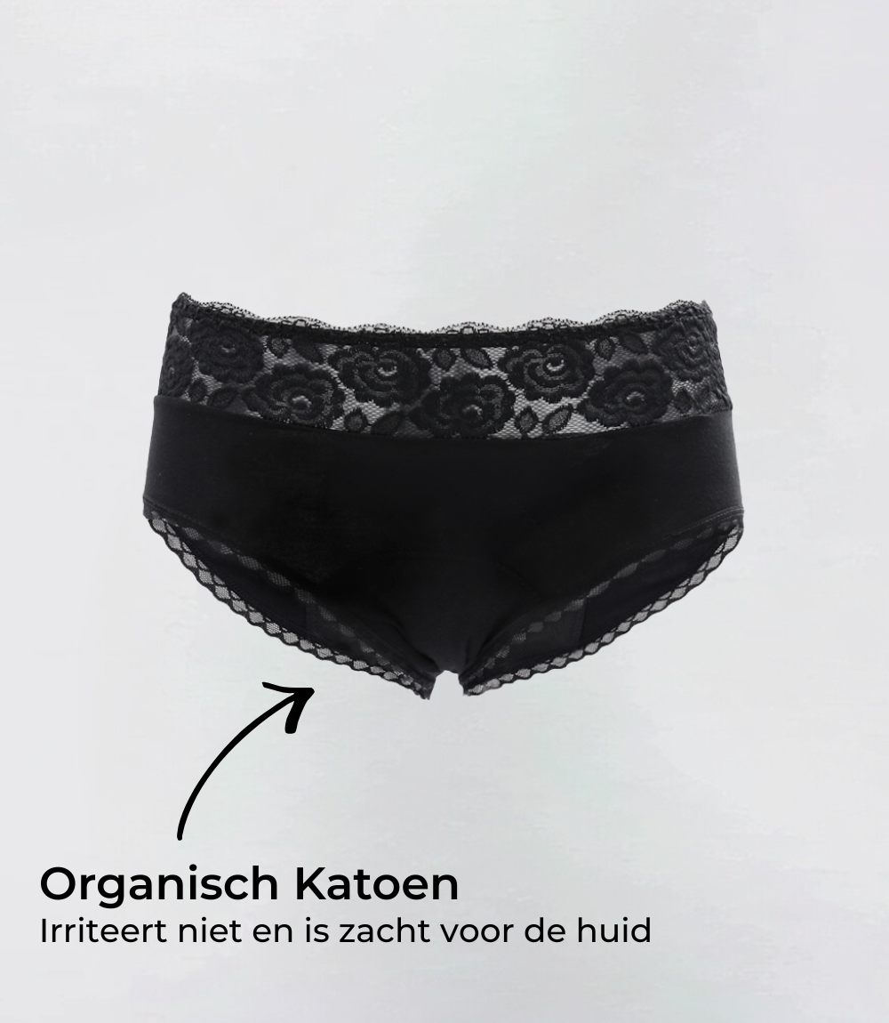 Incontinentie Klassiek met kant Organisch katoen in zwart, productfoto met tekstuele toelichting – Maysa