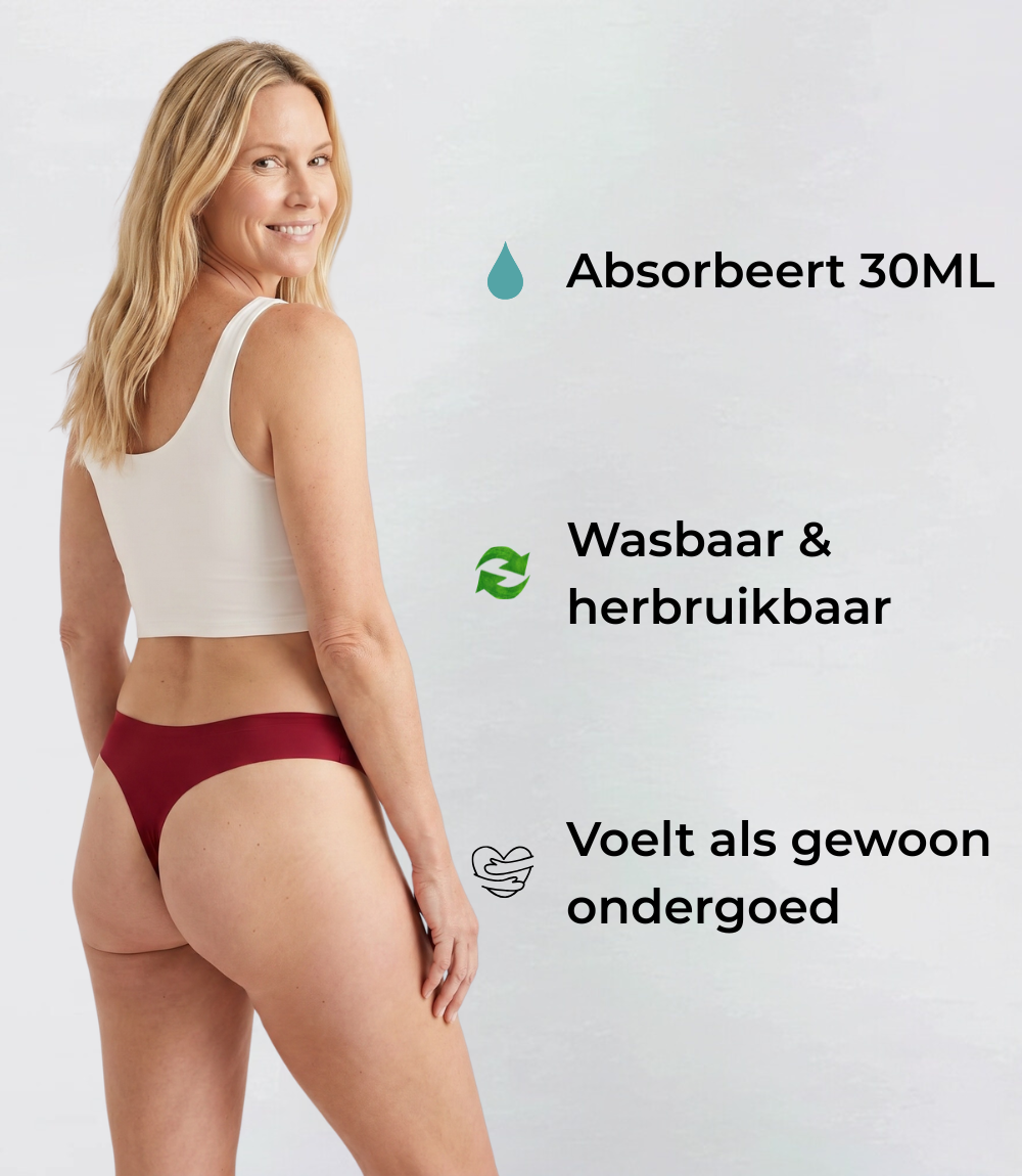 Incontinentie Naadloze Brazilian in rood, op model met tekstuele toelichting – Maysa