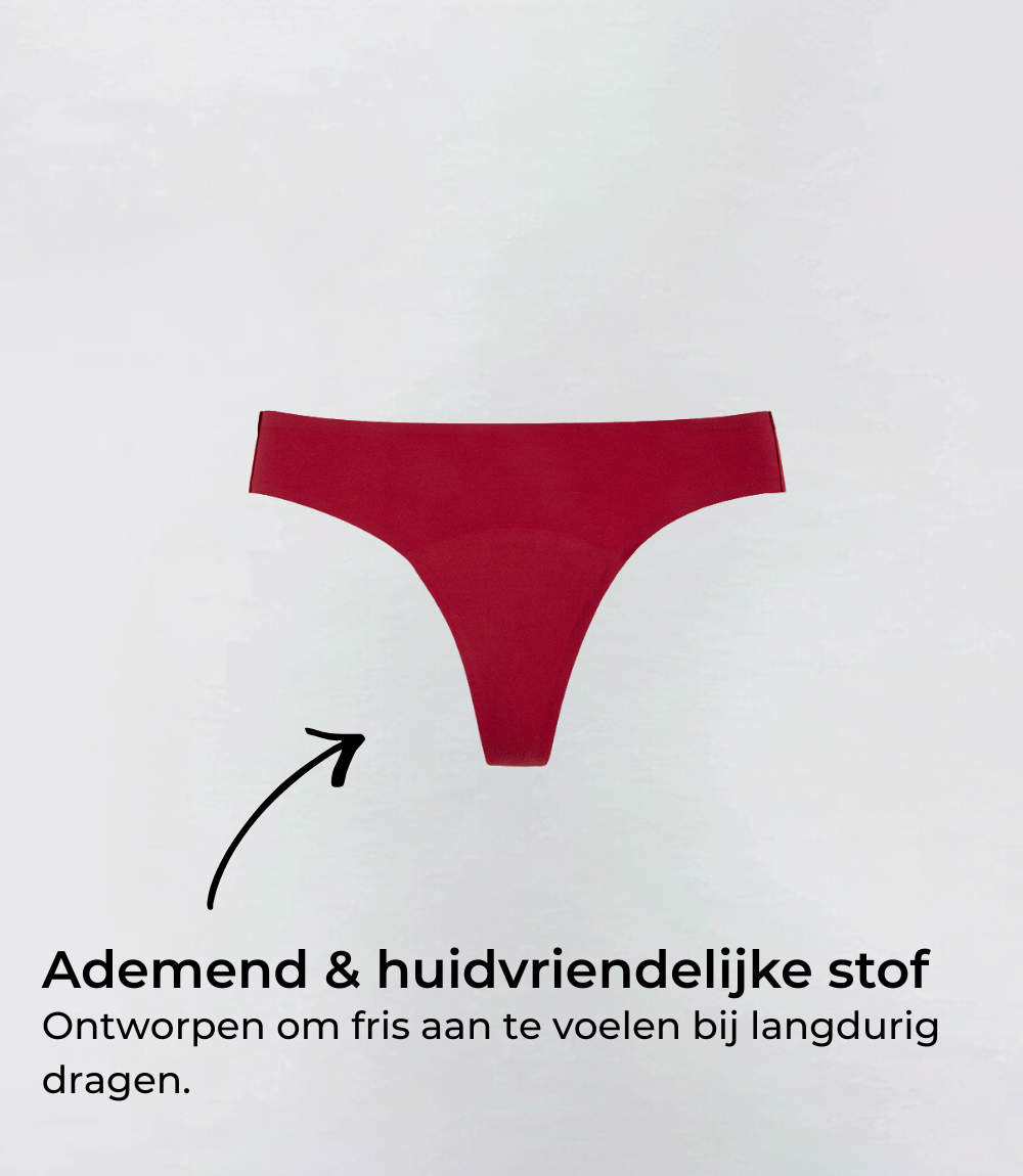 Incontinentie Naadloze Brazilian in rood, productfoto met tekstuele toelichting – Maysa