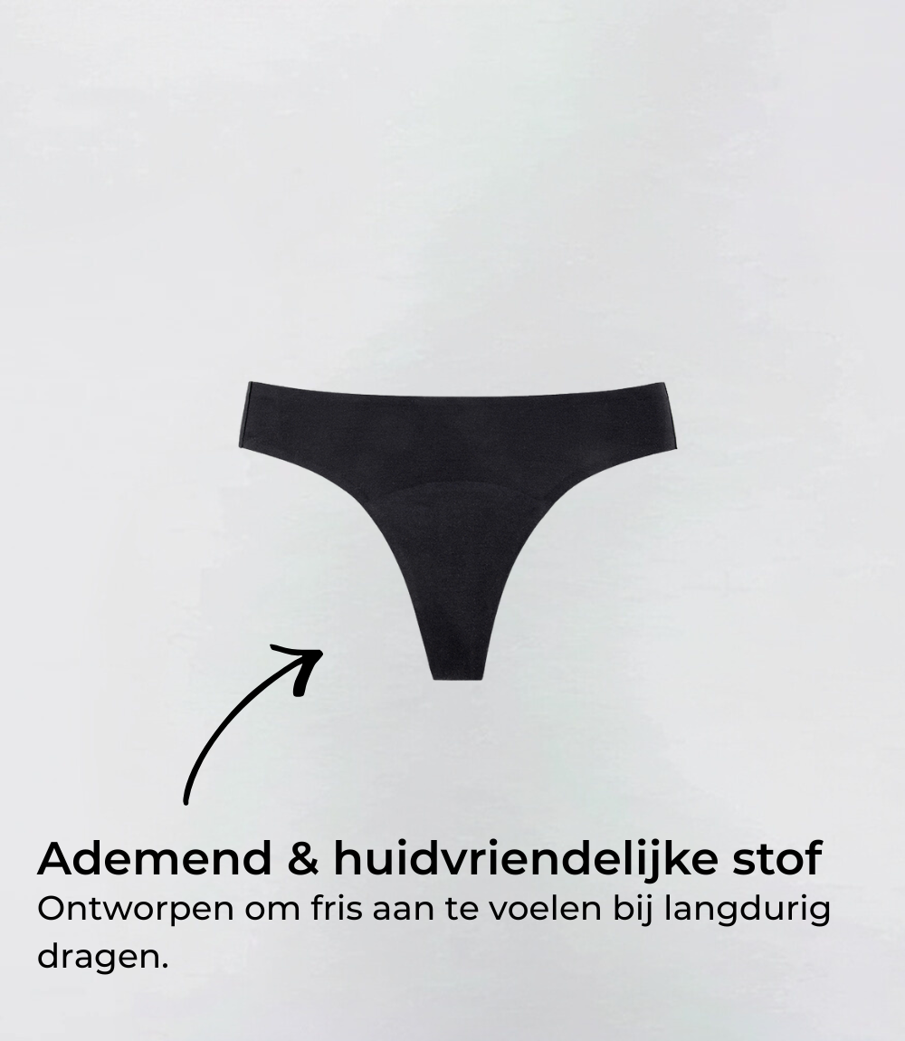 Incontinentie Naadloze Brazilian in zwart, productfoto met tekstuele toelichting – Maysa