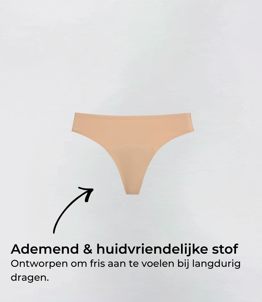Incontinentie Naadloze Brazilian in beige, productfoto met tekstuele toelichting – Maysa