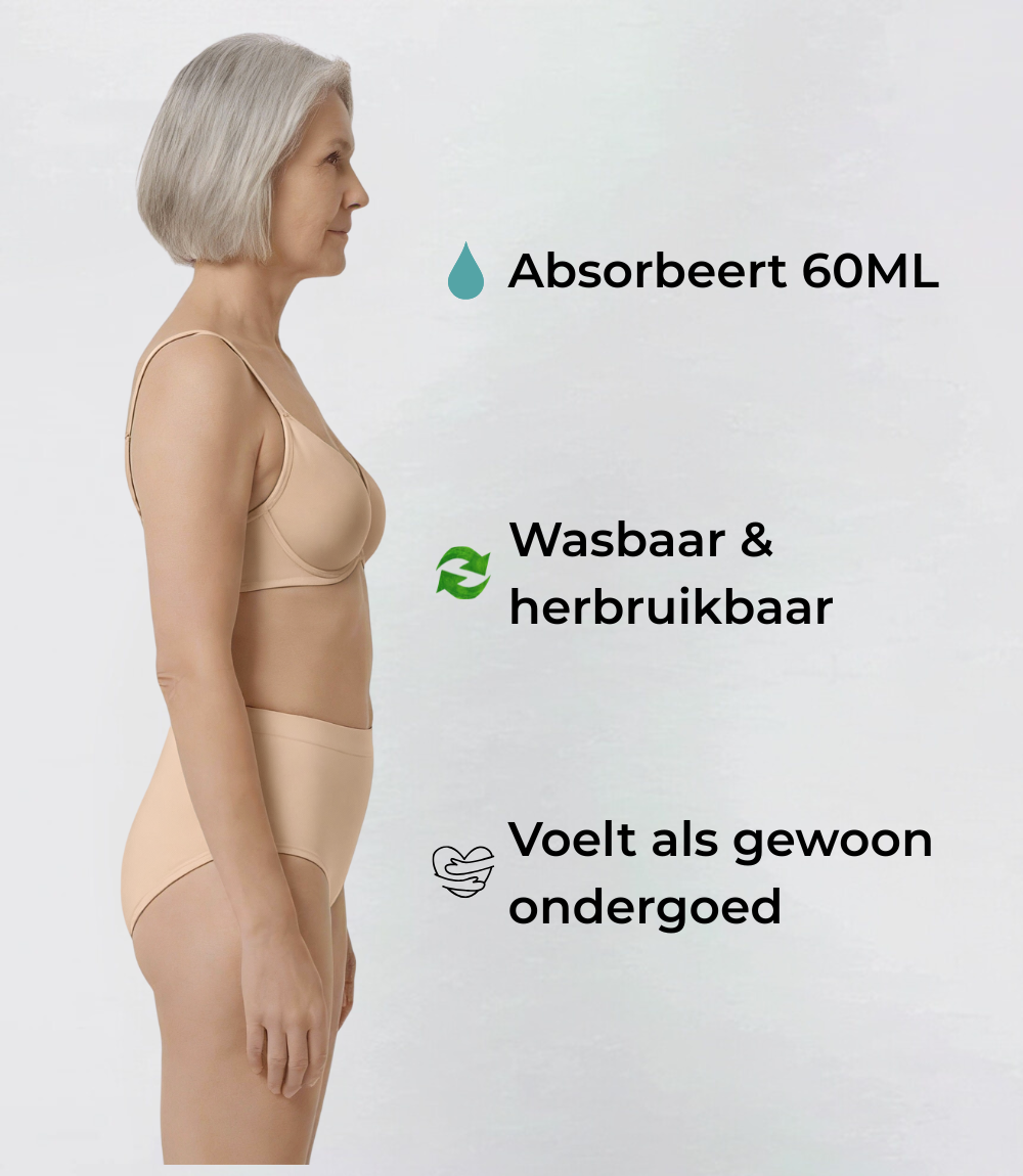 Incontinentie High Waist Naadloos in beige, op model met tekstuele toelichting – Maysa