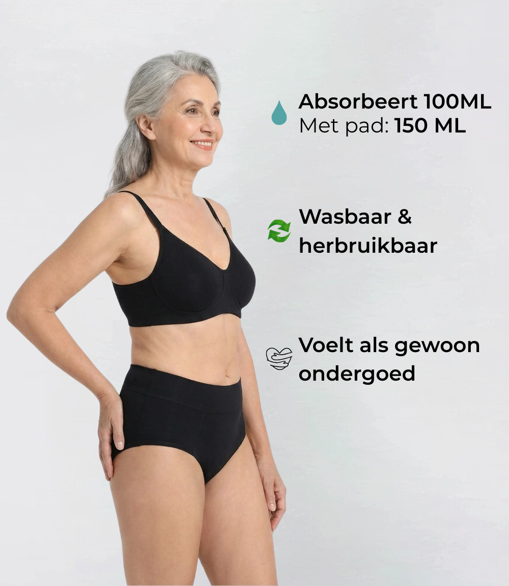 Incontinentie Comfort Slip Zijdezacht in zwart, op model met tekstuele toelichting – Maysa