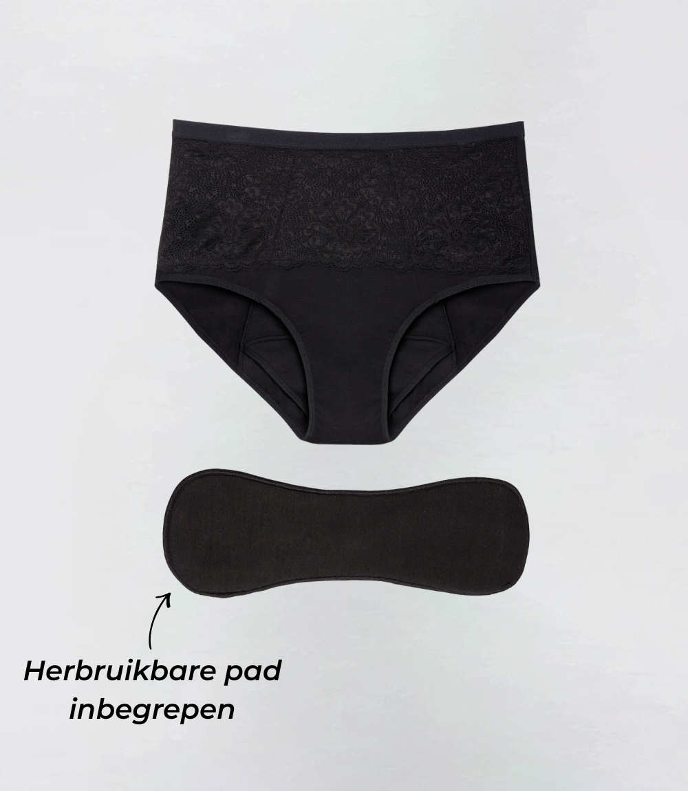 Incontinentie Hoge Taille Kant Extra Absorptie in zwart, productfoto met tekstuele toelichting – Maysa