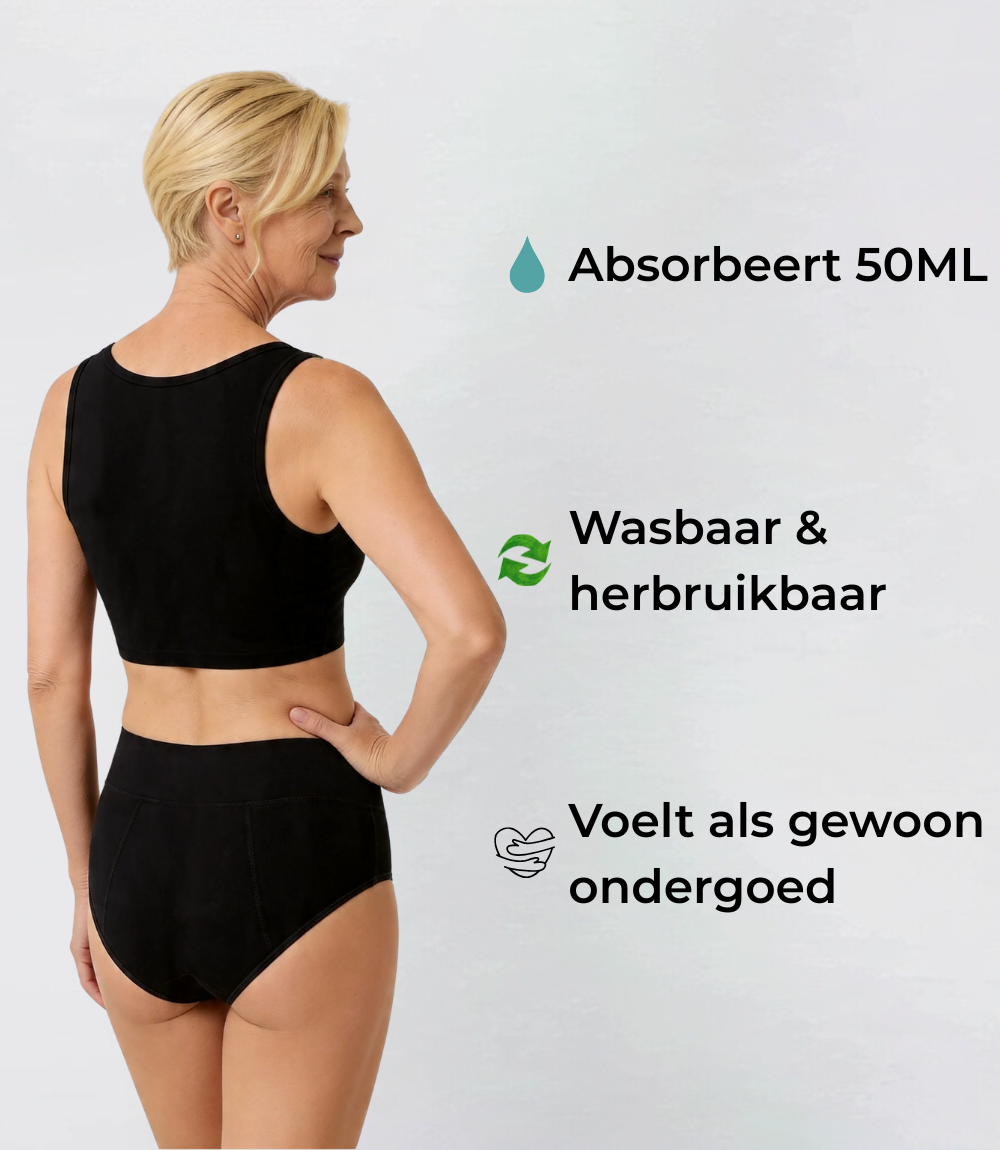 Hiphugger Organisch katoen in zwart, op model met tekstuele toelichting – Maysa